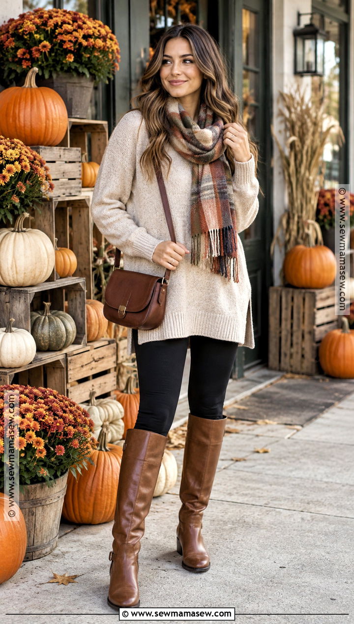 Leggings With Tunic Sweater And Knee High Boots - 20 Pumpkin Patch Outfit Leggings