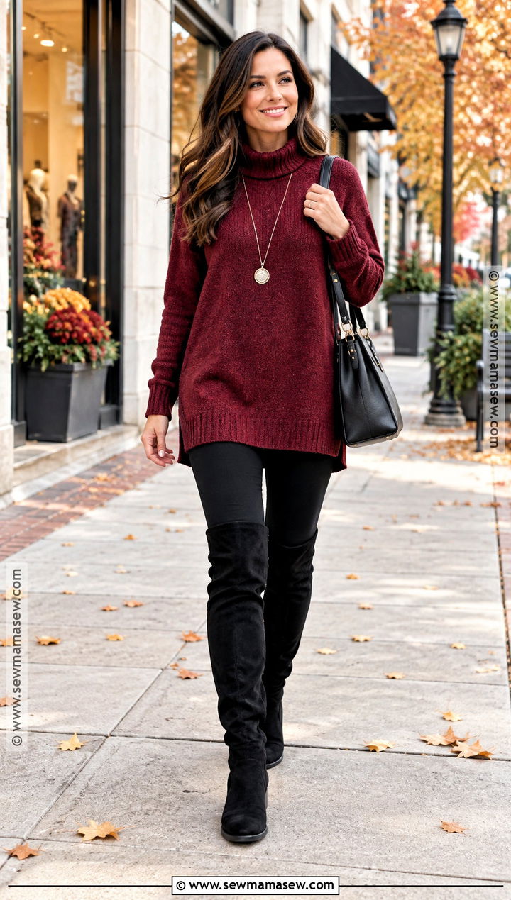 Leggings With Tunic Sweater And Over the Knee Boots - 25 cozy fall outfits with leggings
