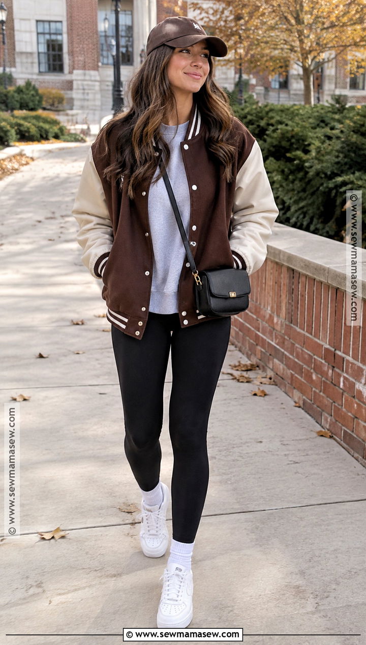 Leggings With Varsity Jacket And Sneakers - 25 leggings outfit fall