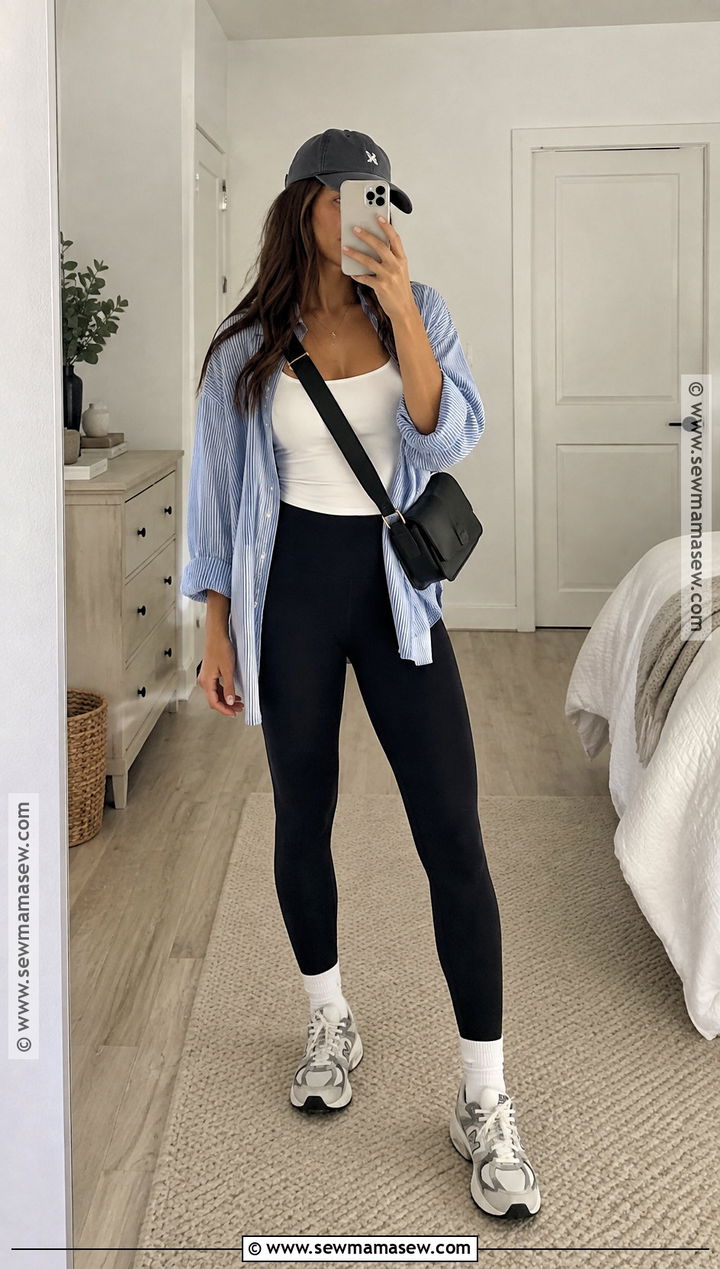 Leggings and Oversized Button Down Outfit - 15 casual summer to fall transition outfits