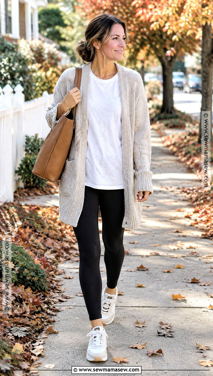 Leggings and Oversized Cardigan Fall Outfit - 15 fall outfits for moms over 30