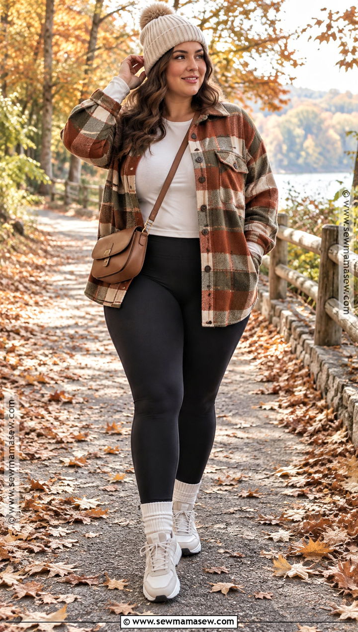 Leggings and Plaid Shacket Fall Athleisure Outfit - 25 fall athleisure outfits