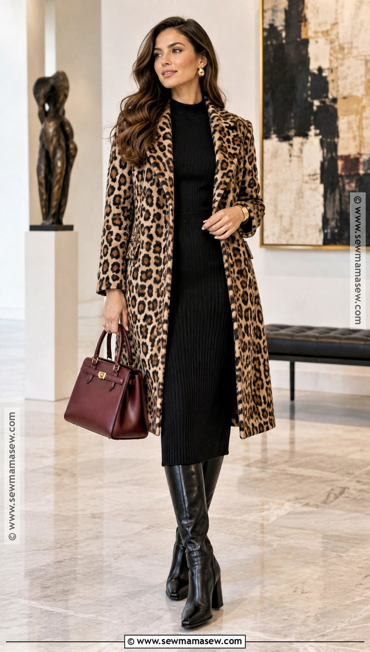 Leopard Coat And Black Knit Dress Fall Outfit - 20 punchy fall outfits