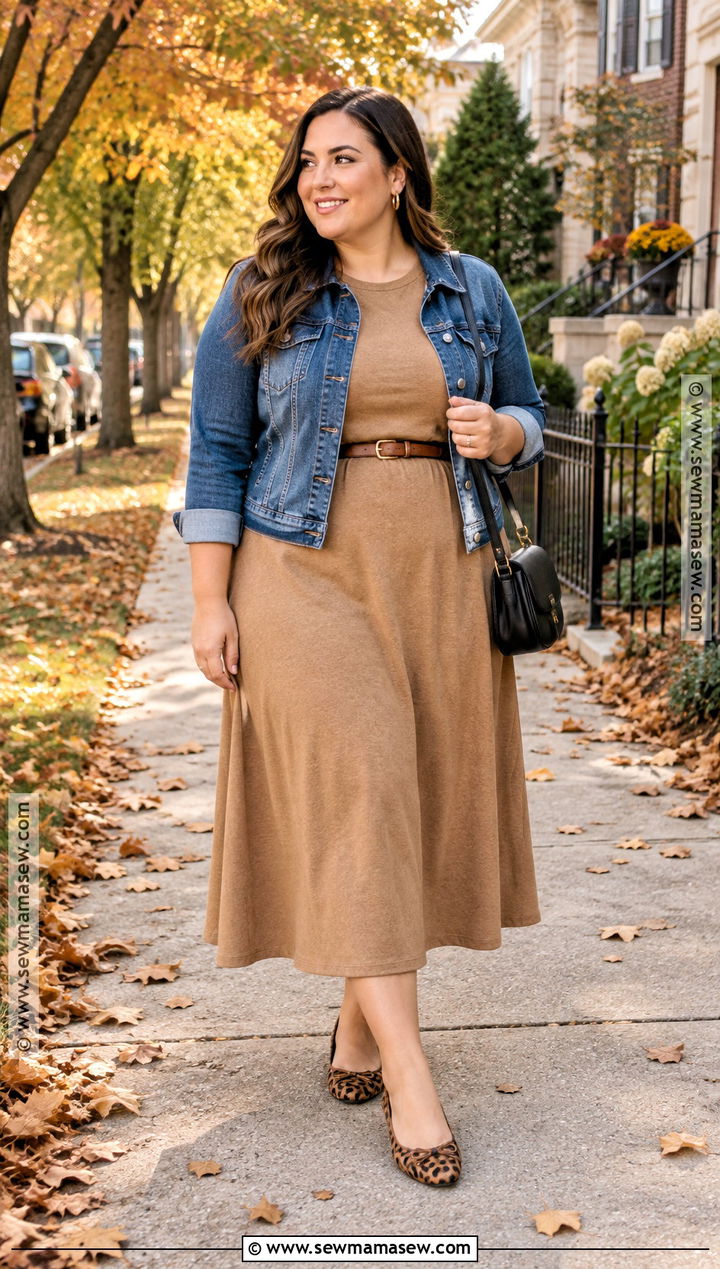Leopard Flats With Neutral Dress And Denim Jacket - 20 fall flats outfit ideas