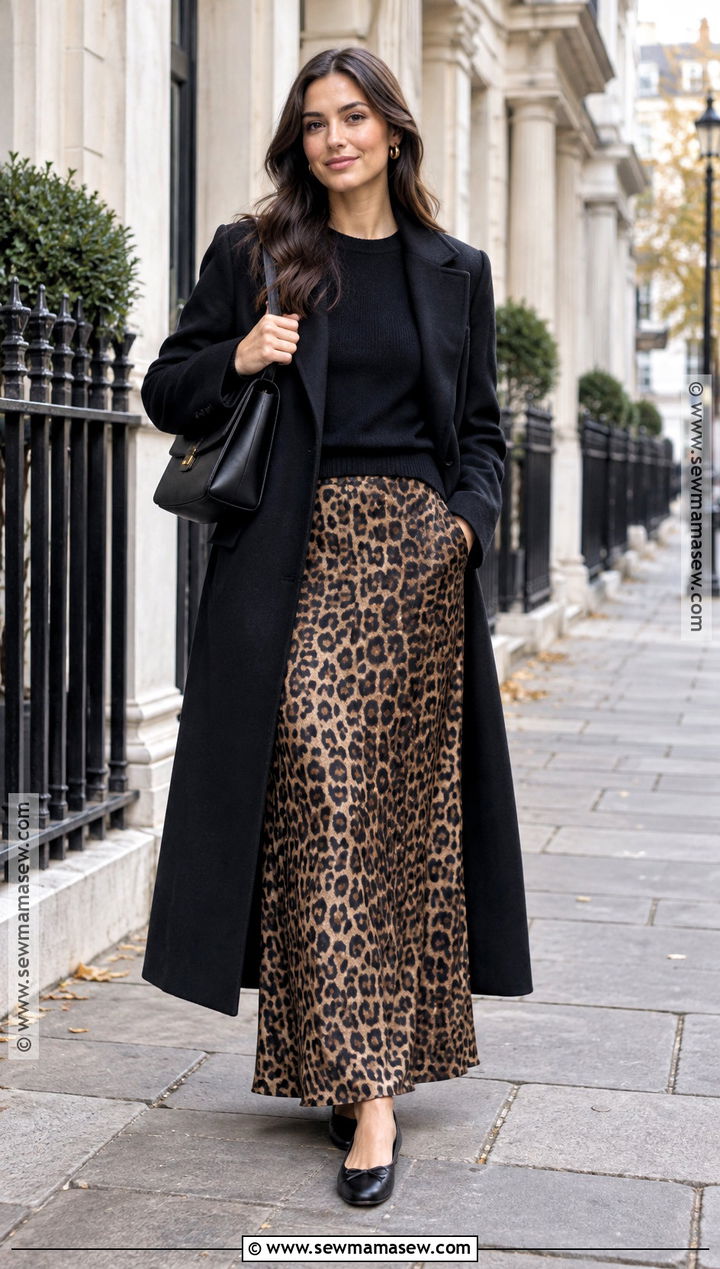 Leopard Maxi Skirt With Black Coat And Ballet Flats - 20 fall outfit long skirt ideas