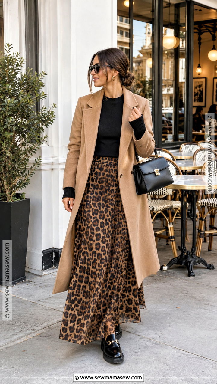 Leopard Maxi Skirt With Black Sweater And Loafers - 15 fall outfits with maxi skirts