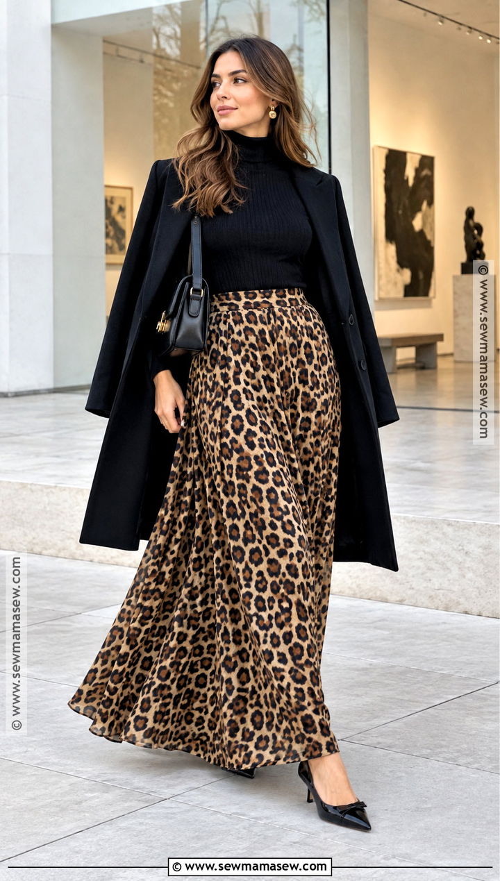 Leopard Maxi Skirt With Black Turtleneck And Kitten Heels - 20 maxi skirt autumn outfit ideas