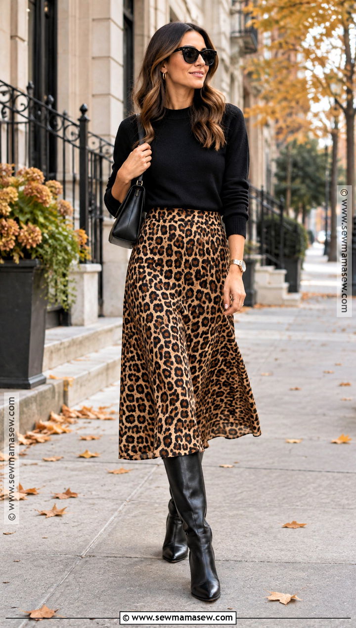 Leopard Midi Skirt And Black Sweater Outfit - 15 fashion for fall ideas 2026