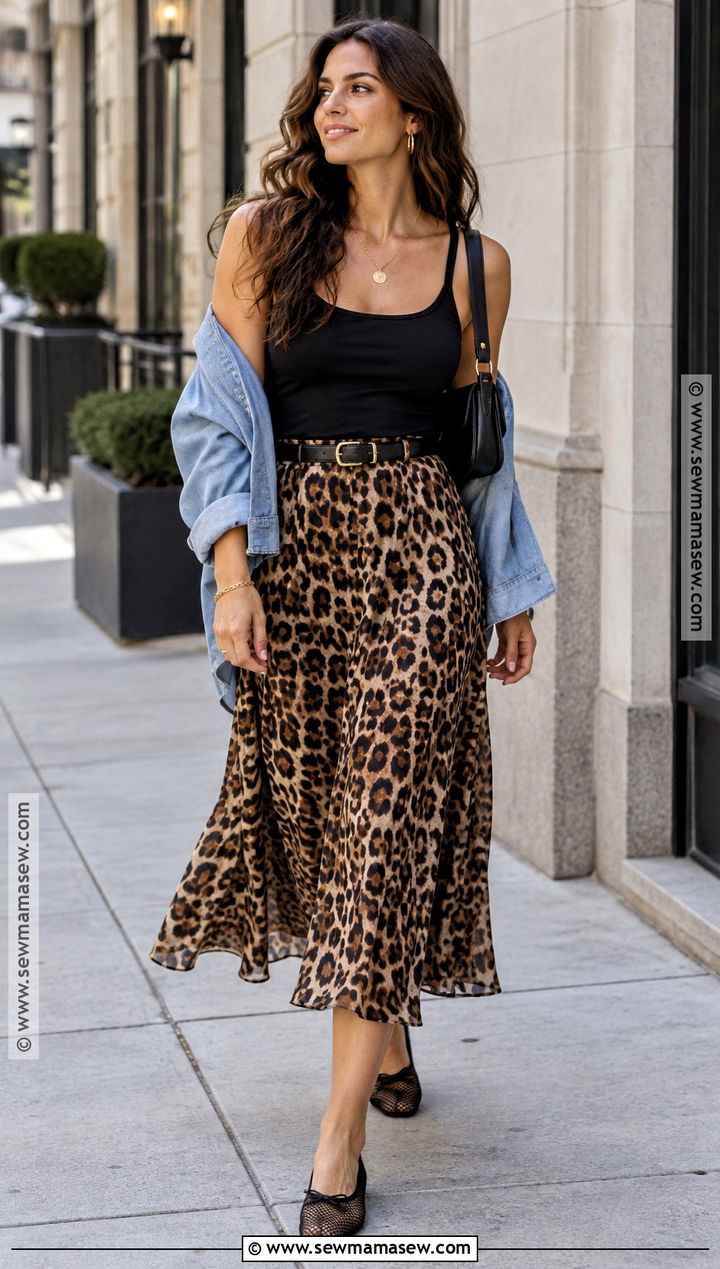 Leopard Midi Skirt And Black Tank Fall Outfit - 15 fall outfits 2026 hot weather