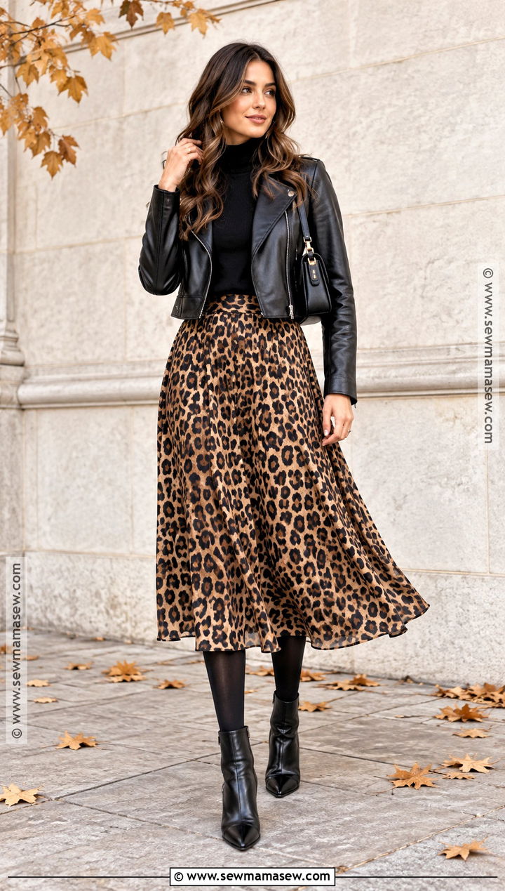 Leopard Midi Skirt With Black Ankle Boots - 15 fall midi skirt outfits with boots