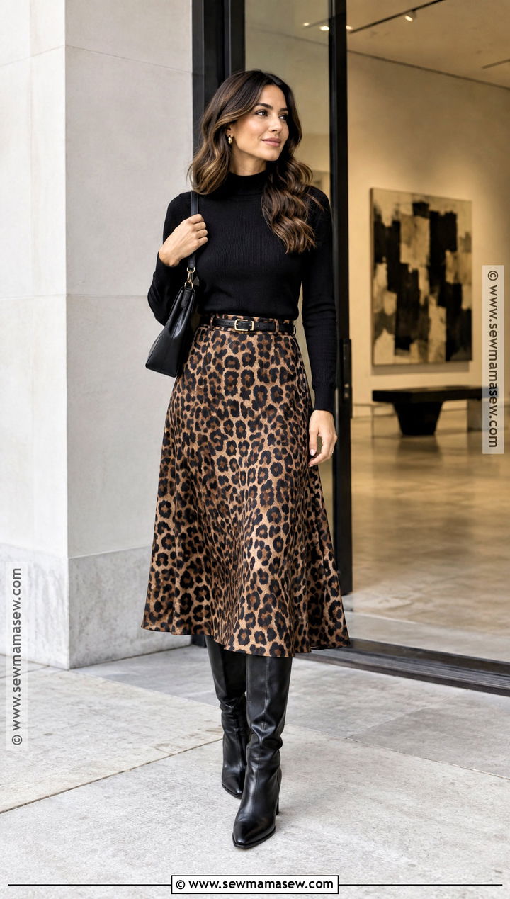 Leopard Midi Skirt With Black Knit - 15 Fall Fashion 2026 Women 30S Ideas