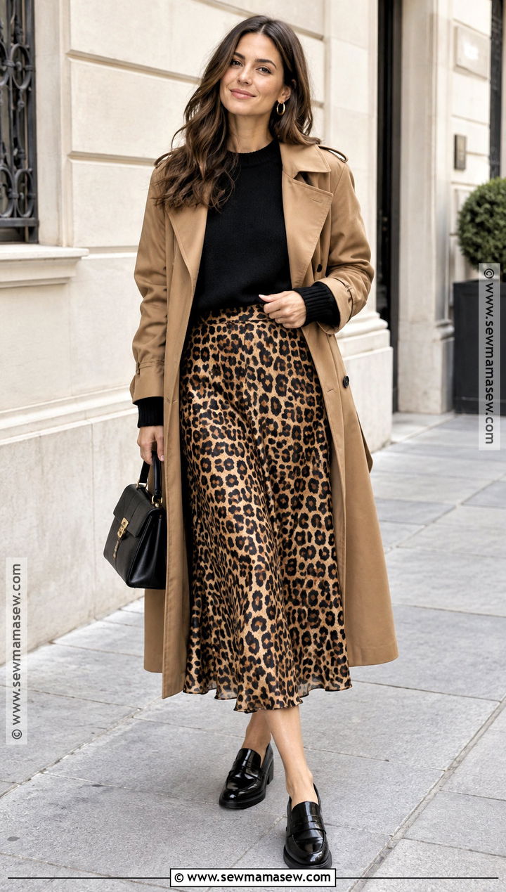 Leopard Midi Skirt With Black Sweater And Loafers - 30 fall skirt outfits