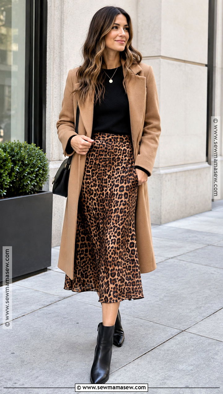 Leopard Midi Skirt With Black Sweater and Boots - 15 fall skirts 2026