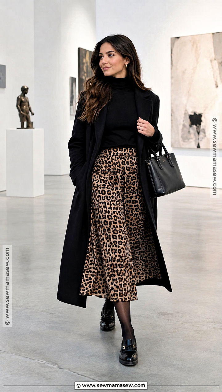 Leopard Midi Skirt With Black Turtleneck And Loafers - 20 Midi Skirt Autumn Outfit Ideas