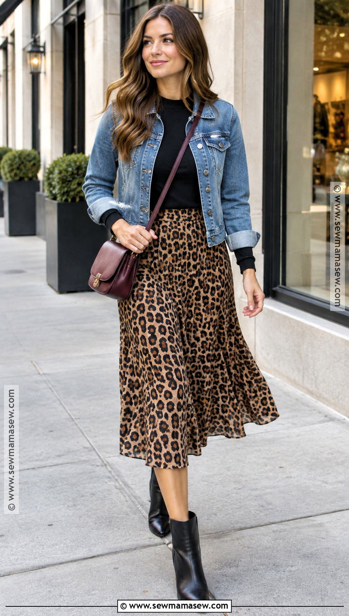 Leopard Midi Skirt With Denim Jacket And Ankle Boots - 25 fall outfits skirt