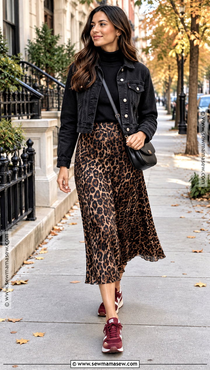 Leopard Midi Skirt With Red Sneakers - 20 Fall Skirt Outfits With Sneakers