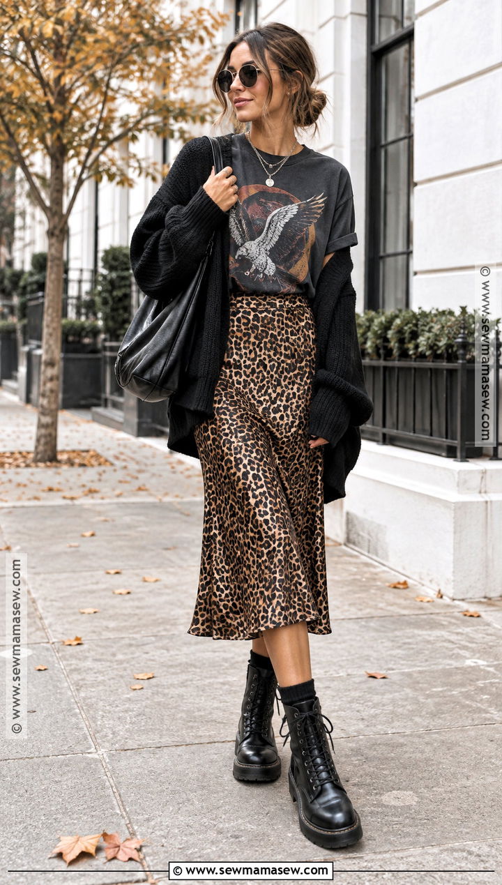 Leopard Midi Skirt and Band Tee Fall Grunge Outfit - 15 cute fall grunge outfits