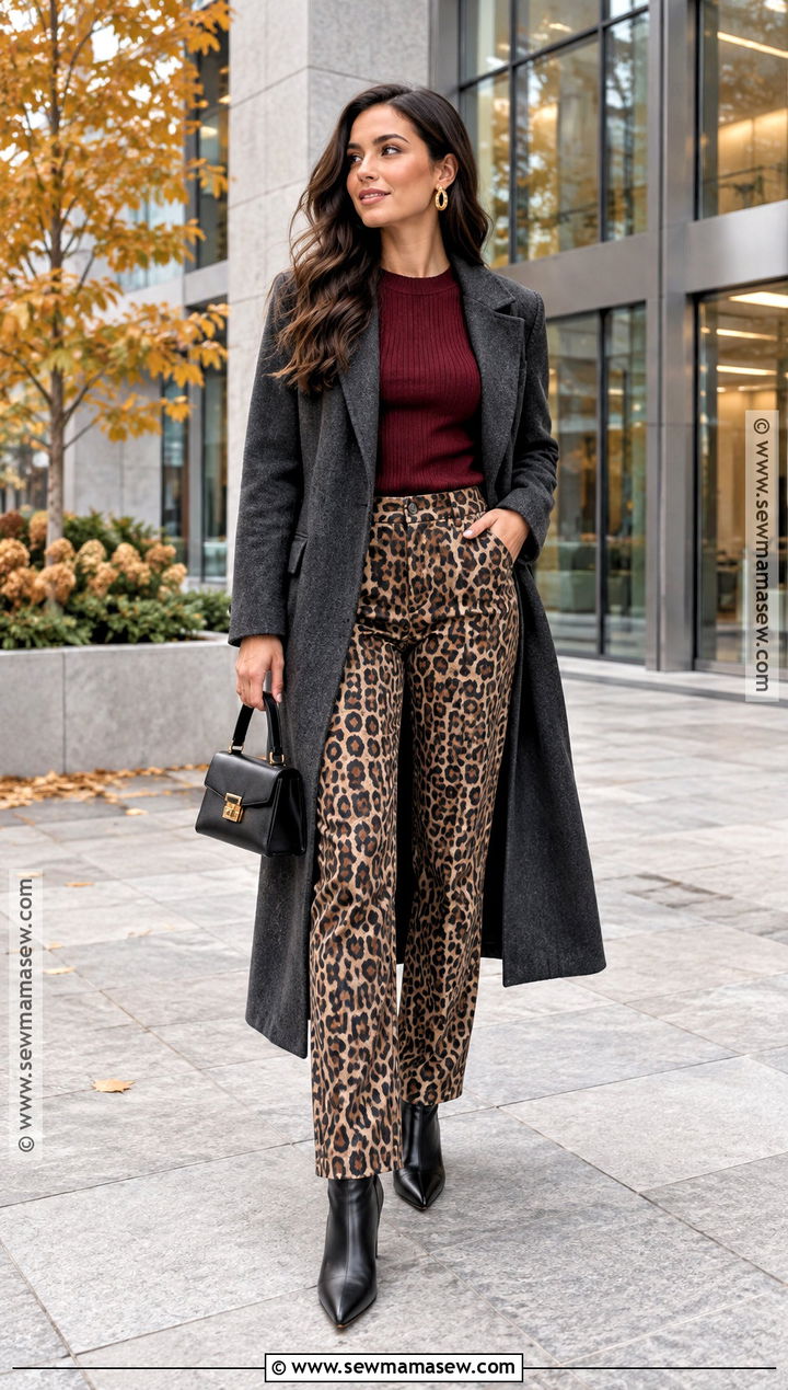 Leopard Pants With Burgundy Knit And Pointed Boots - 25 leopard pants outfit fall