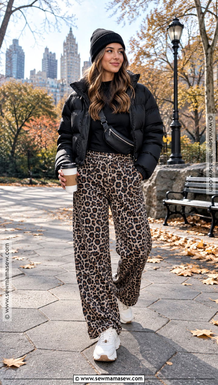Leopard Pants With Cropped Puffer And Chunky Sneakers - 25 leopard pants outfit fall