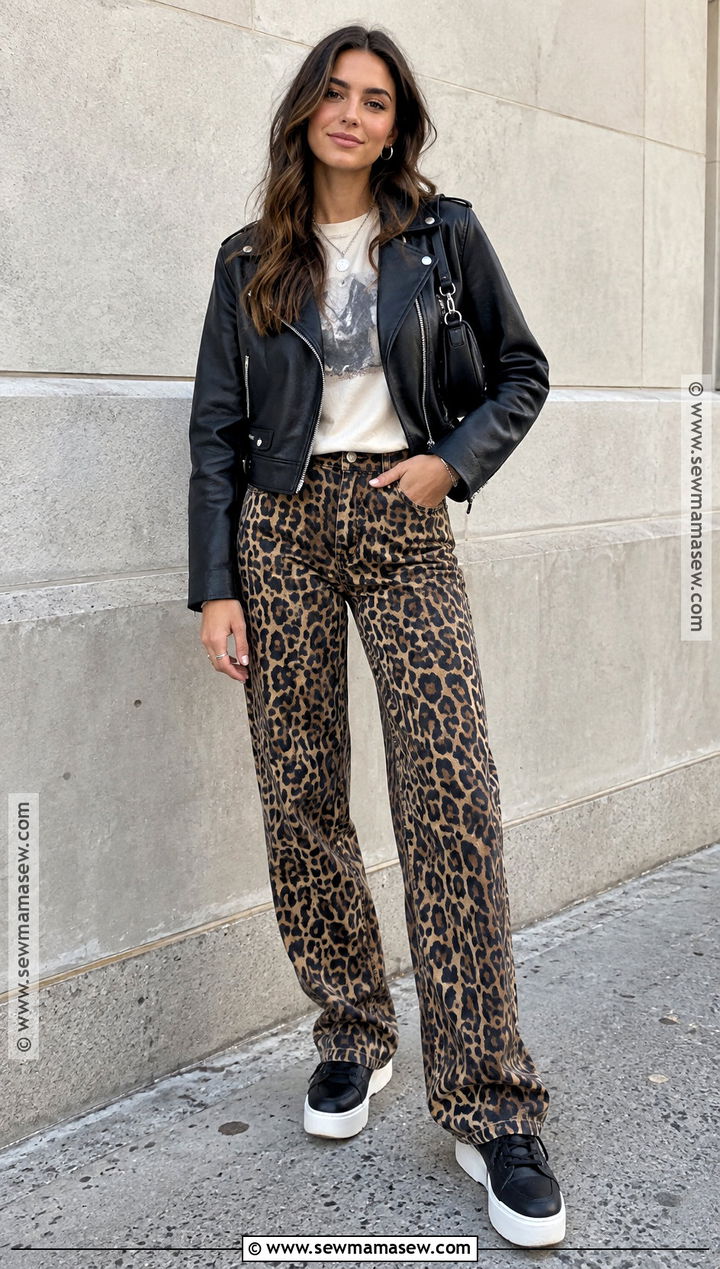 Leopard Pants With Graphic Tee And Moto Jacket - 25 leopard pants outfit fall