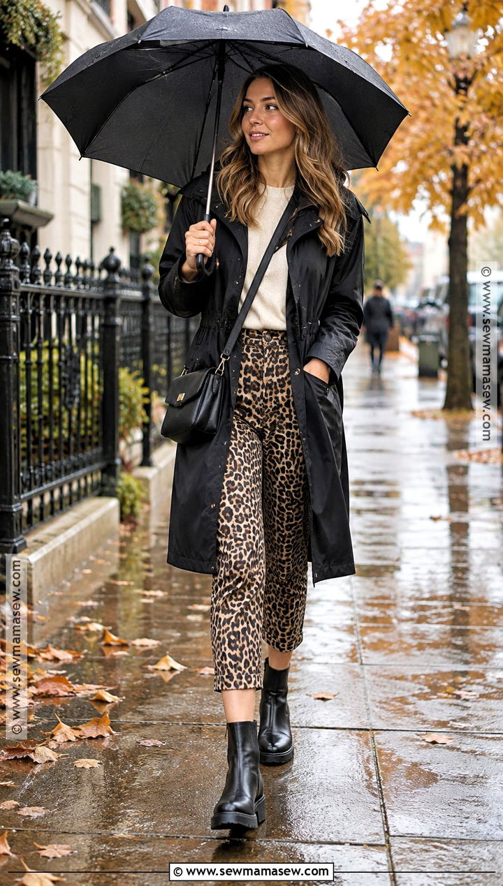 Leopard Pants With Raincoat And Waterproof Boots - 25 leopard pants outfit fall