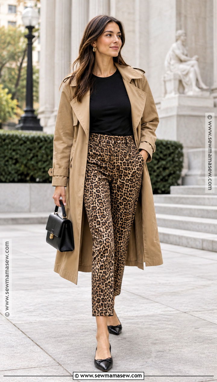 Leopard Pants With Trench Coat And Ballet Flats - 25 leopard pants outfit fall