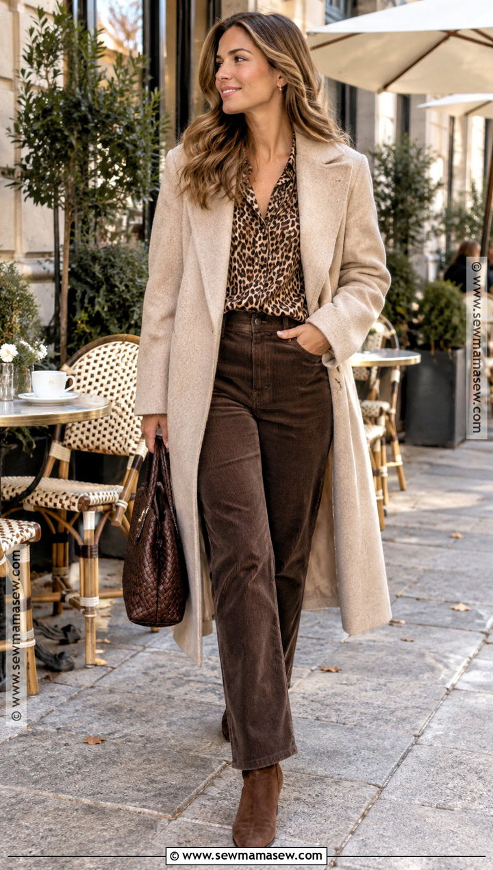 Leopard Print Blouse With Chocolate Corduroy Pants - 15 Animal Print Blouse Fall Fashion Ideas