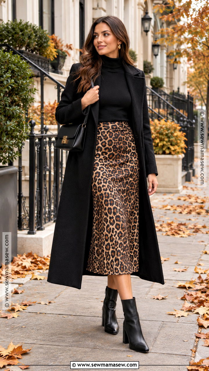 Leopard Print Midi Skirt With Black Turtleneck And Ankle Boots - 20 leopard print skirt outfit autumn ideas