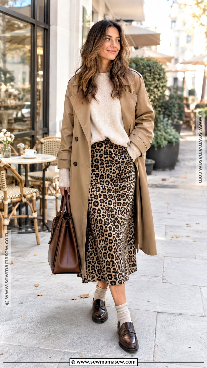 Leopard Print Midi Skirt With Cream Sweater And Loafers - 20 leopard print skirt outfit autumn ideas