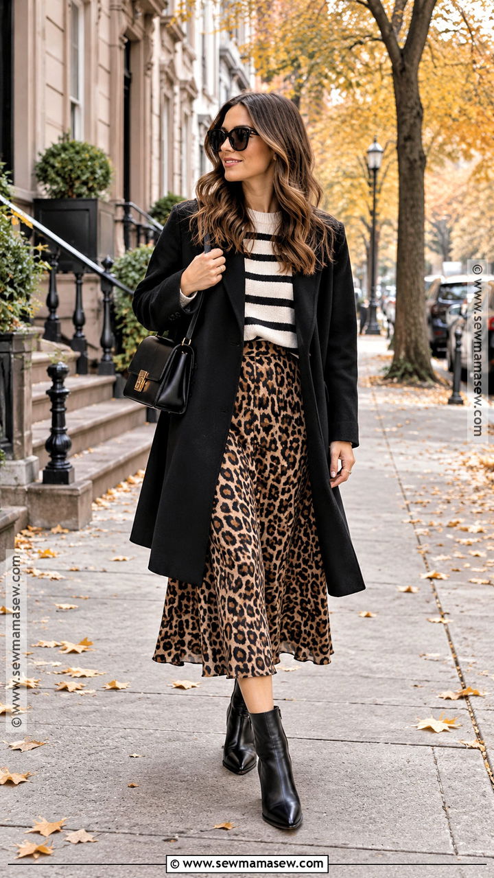 Leopard Print Midi Skirt With Striped Sweater And Ankle Boots - 20 leopard print skirt outfit autumn ideas