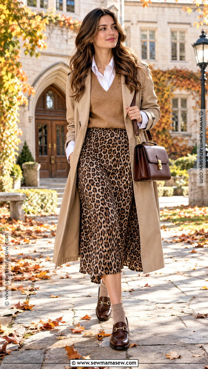 Leopard Print Midi Skirt With Sweater Vest And Loafers - 20 leopard print skirt outfit autumn ideas