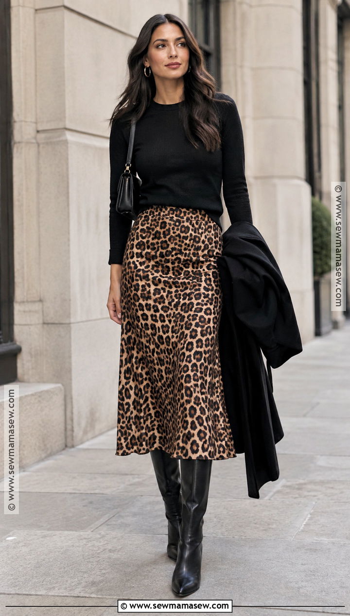 Leopard Print Skirt And Black Sweater - 15 outfit trend 2026 autumn ideas