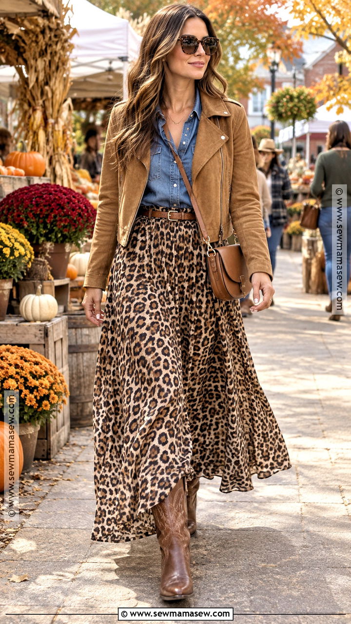 Leopard Print Skirt With Denim Shirt And Western Boots - 20 leopard print skirt outfit autumn ideas