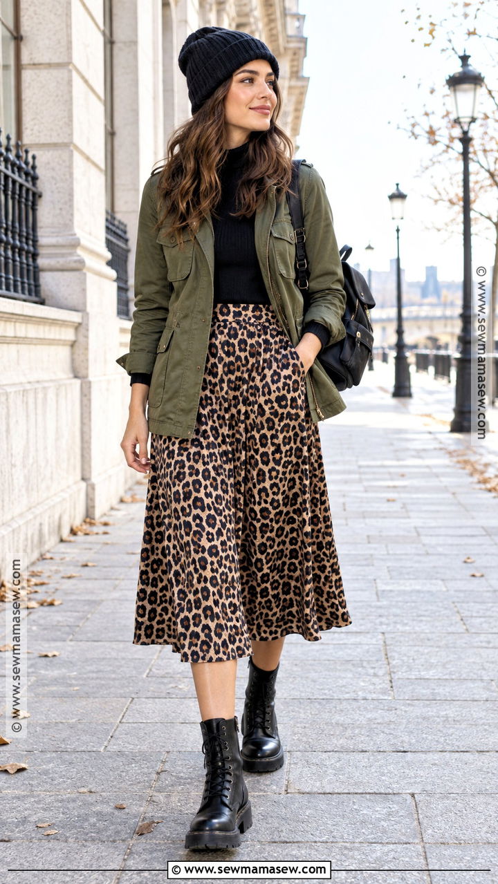 Leopard Print Skirt With Olive Jacket And Combat Boots - 20 leopard print skirt outfit autumn ideas