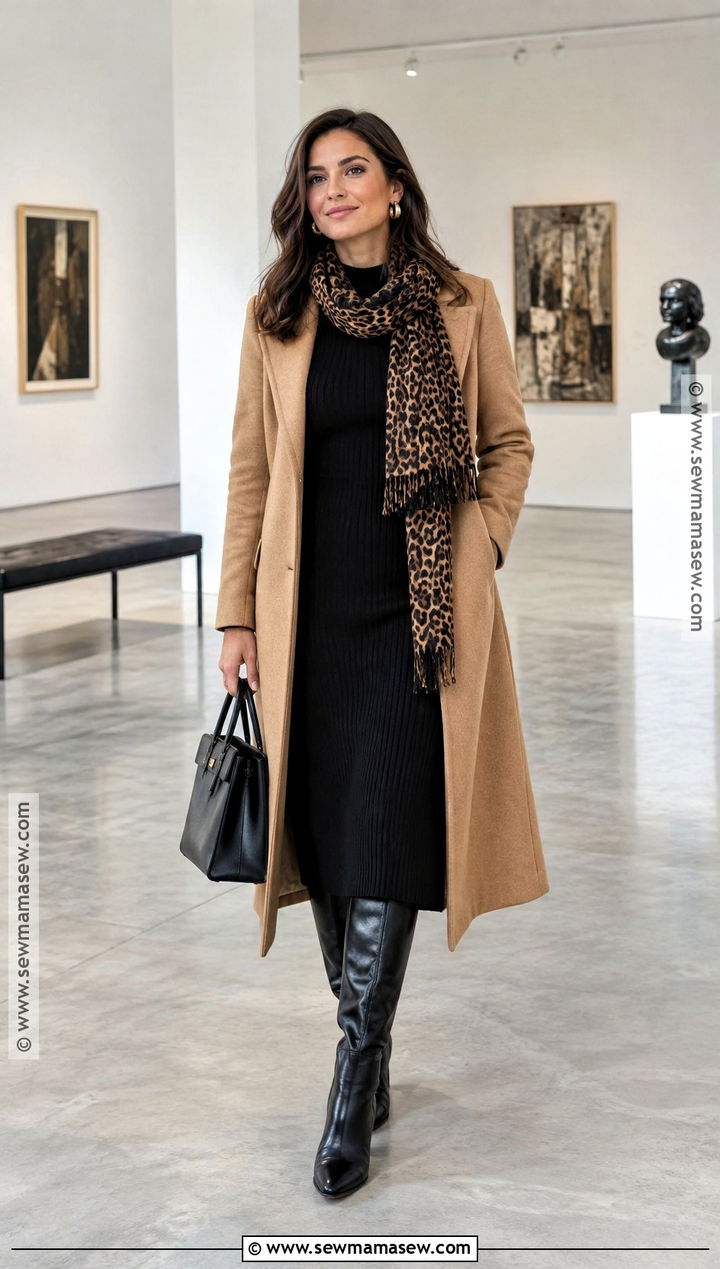 Leopard Scarf With Black Dress And Boots - 25 fall scarf ideas