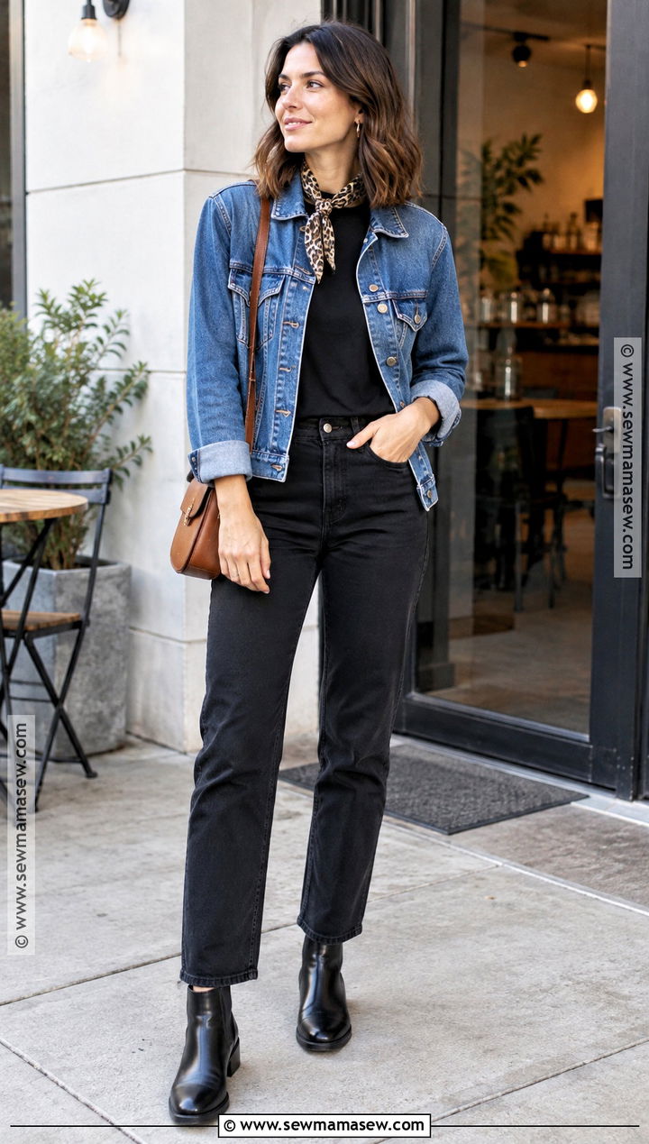 Leopard Scarf With Denim Jacket And Black Jeans - 25 fall scarf outfit ideas