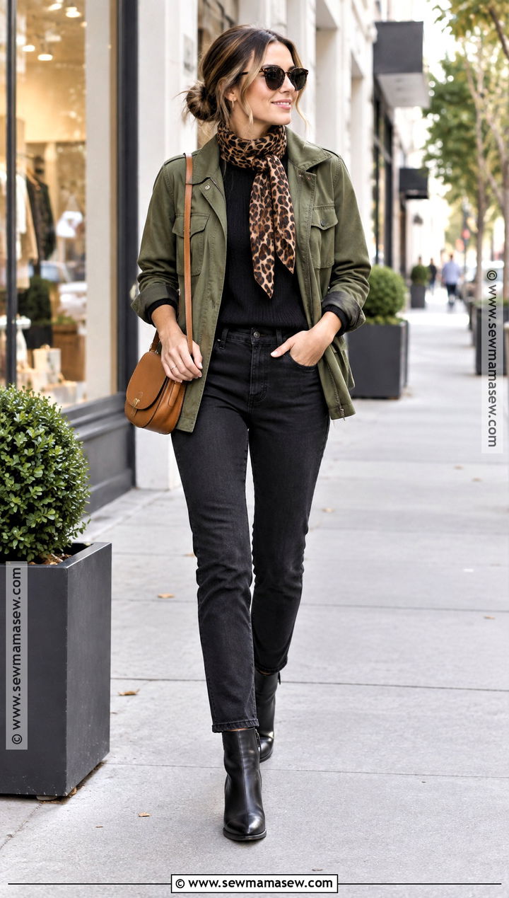 Leopard Scarf With Utility Jacket Black Jeans And Boots - 20 autumn scarf outfit ideas