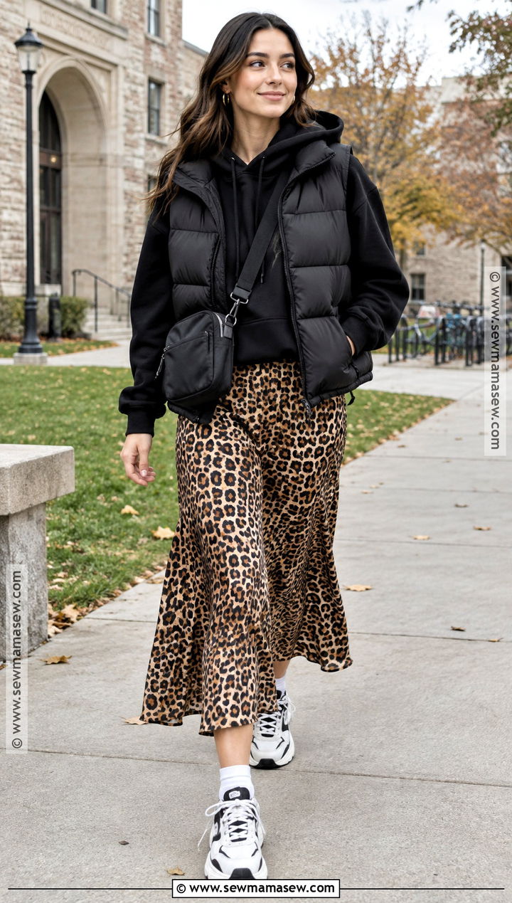 Leopard Skirt With Black Hoodie And Chunky Sneakers - 25 leopard skirt outfit fall ideas