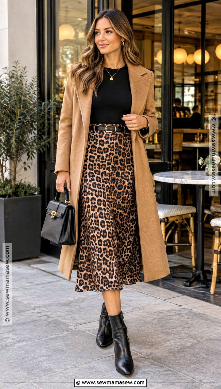 Leopard Skirt With Camel Coat And Black Knit - 25 leopard skirt outfit fall ideas