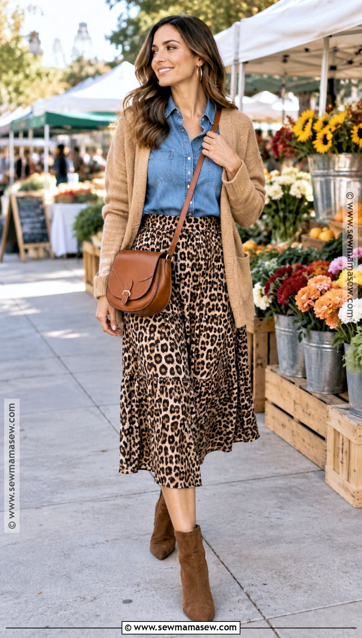 Leopard Skirt With Denim Shirt And Brown Boots - 25 leopard skirt outfit fall ideas