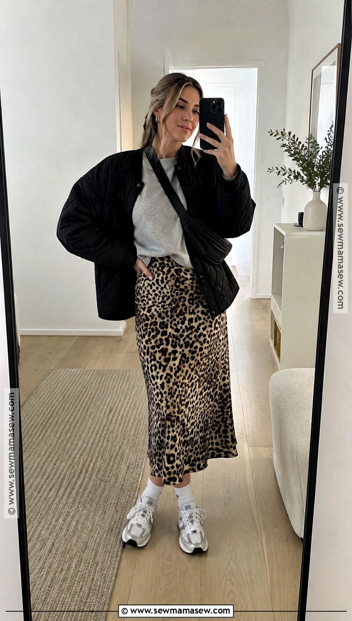 Leopard Skirt With Gray Sweatshirt And Retro Sneakers - 15 fall leopard skirt style ideas