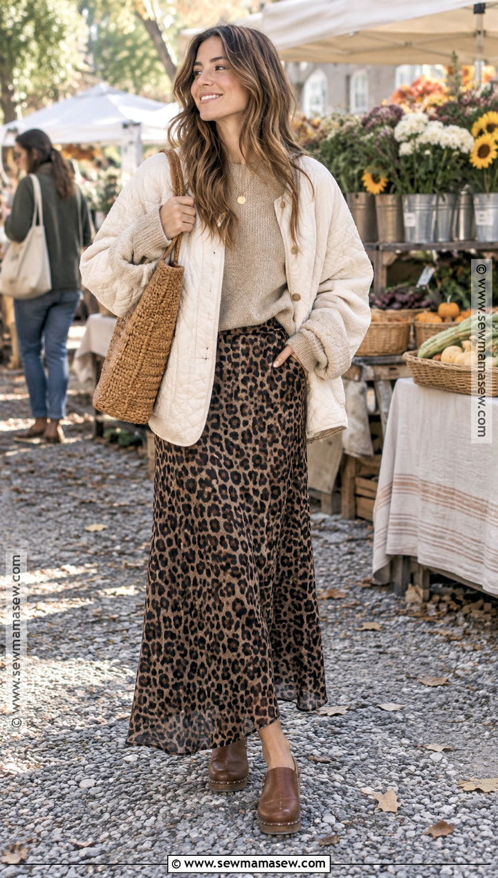 Leopard Skirt With Oatmeal Knit And Clogs - 25 leopard skirt outfit fall ideas