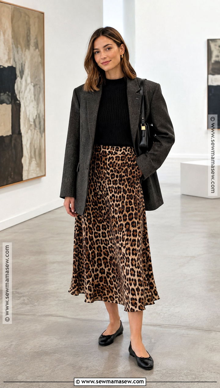 Leopard Skirt With Oversized Blazer And Ballet Flats - 15 fall leopard skirt style ideas