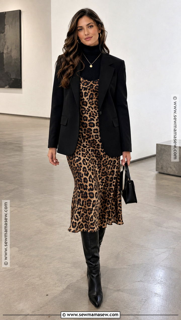 Leopard Slip Dress With Black Blazer And Boots - 20 Fall Slip Dress Outfit Ideas