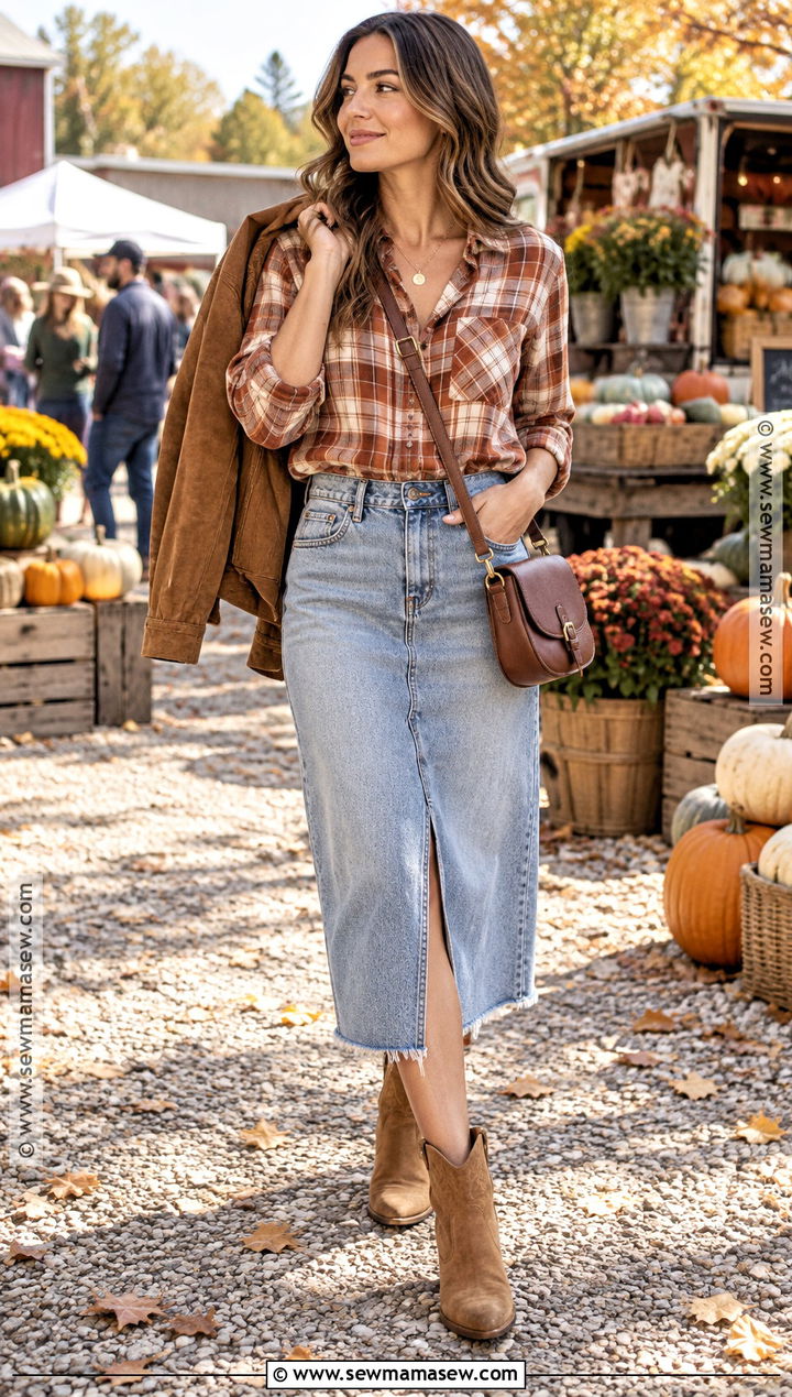 Light Denim Skirt With Plaid Shirt And Western Boots - 25 fall denim skirt outfits