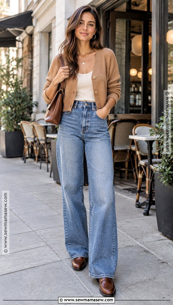 Light Fall Outfit With Cardigan And Wide Leg Jeans - 20 light fall outfits
