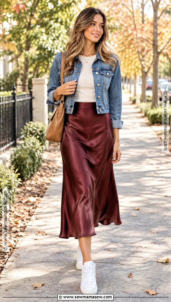 Light Fall Outfit With Denim Jacket And Midi Skirt - 20 light fall outfits