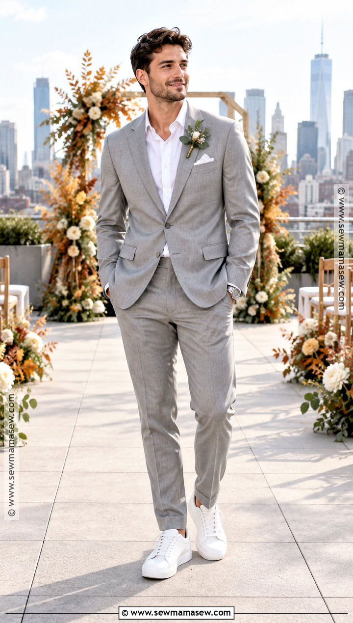 Light Gray Suit And White Sneakers Fall Groom Outfit - 15 casual fall groom attire ideas