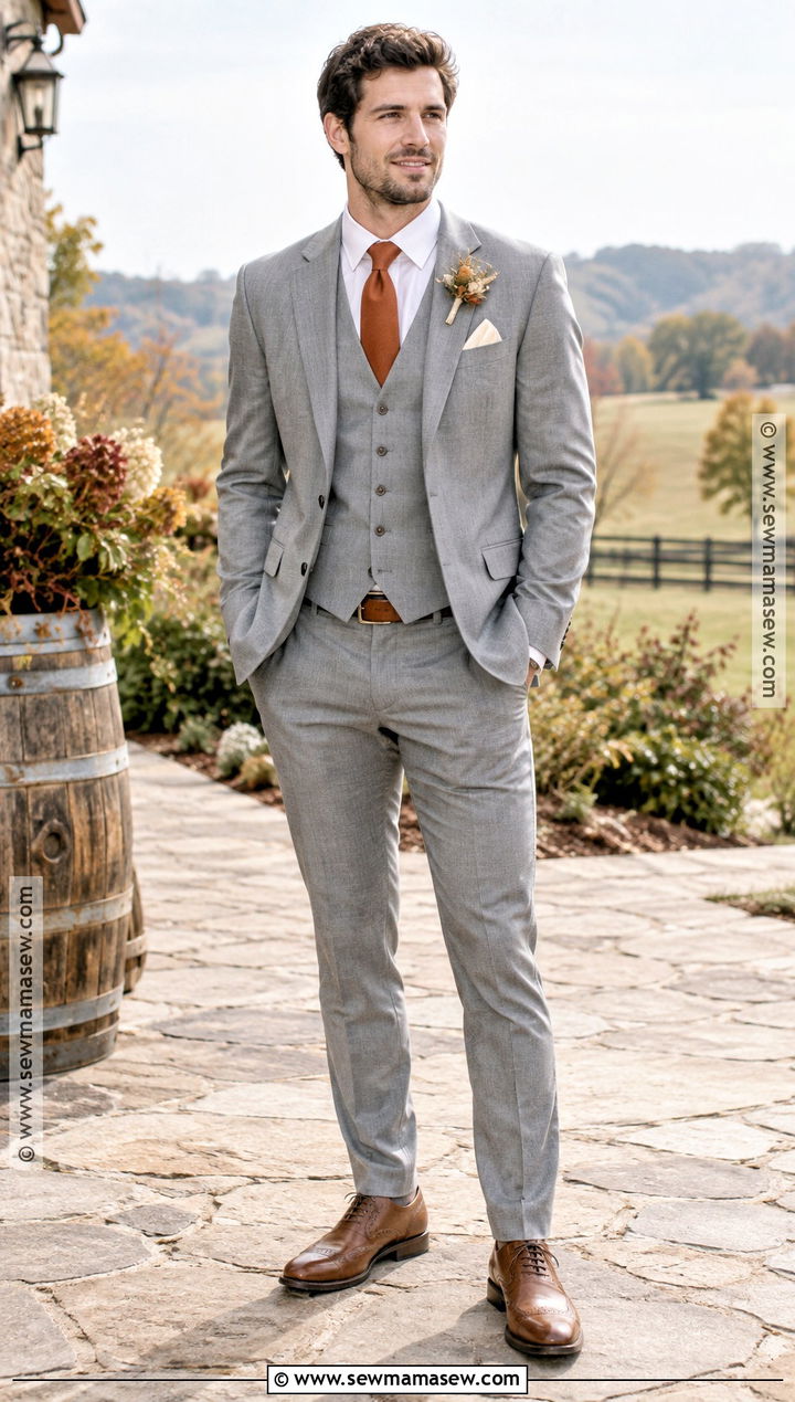 Light Grey Groom Three Piece Suit With Rust Tie - 15 fall wedding groom attire grey ideas