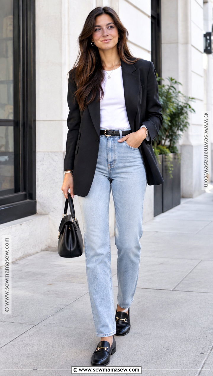 Light Jeans With a Black Blazer - 20 light jeans outfit fall